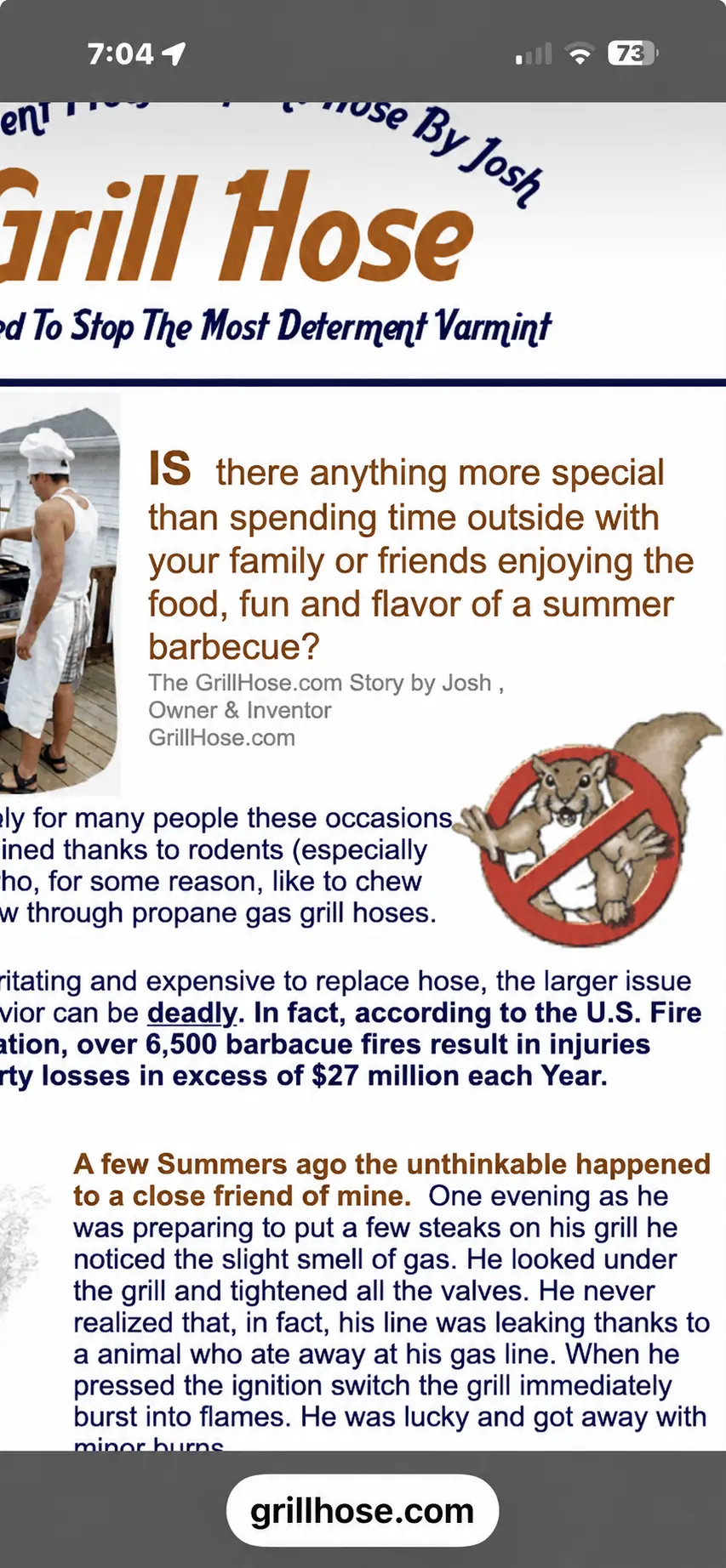 Screenshot of the original GrillHose.com website showing the Grill Hose logo, Josh's story, and a crossed-out squirrel illustration