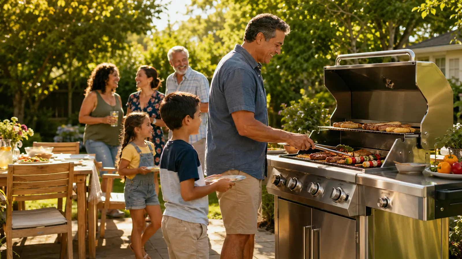 A family enjoying a summer barbecue around a modern gas grill